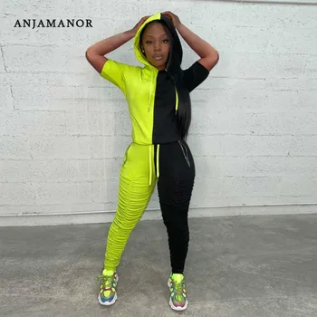 

ANJAMANOR Two Piece Jogger Sets Women Top and Stacked Pants Jogging Suit 2020 Fashion Ladies Tracksuit Summer Outfits D49-BA5