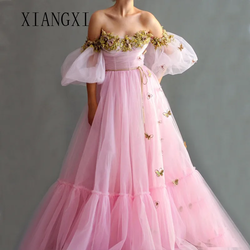 

robe de soiree Pink Evening Dresses Long Lace Beaded Off The Shoulder Half Sleeves Floor Length Evening Dress Vestido De Festa