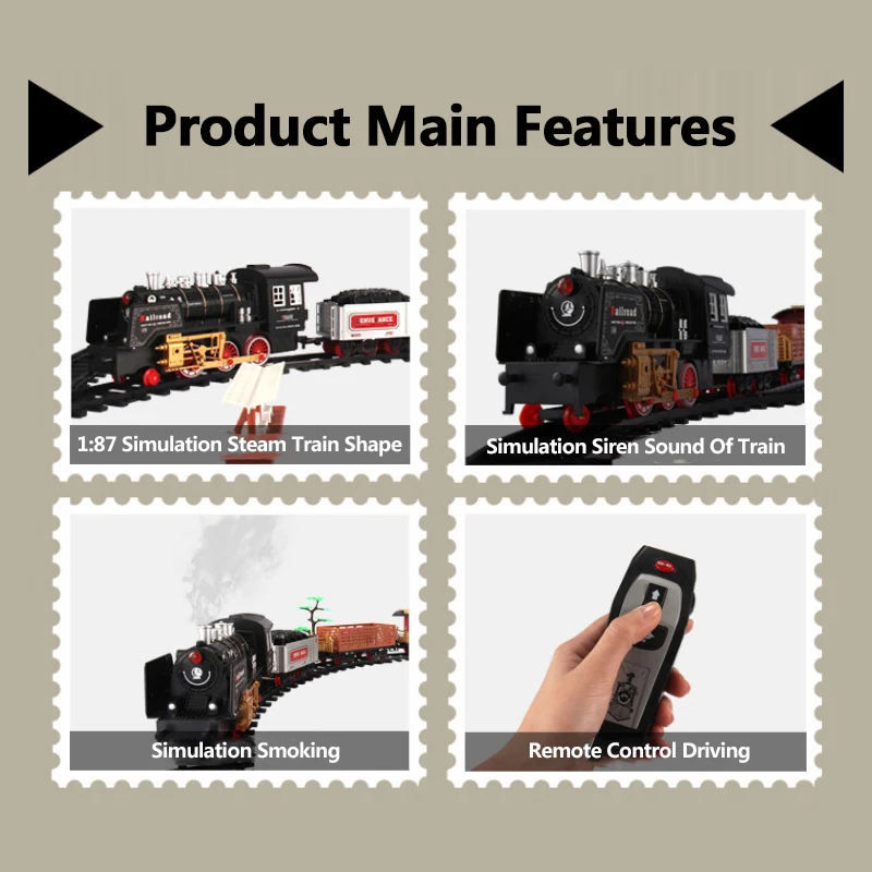 120CM Simulation Remote Control Steam Train 666CM Track DIY Assembly Whistle Sound Effect Smoking Chimney Railway Model RC Toys