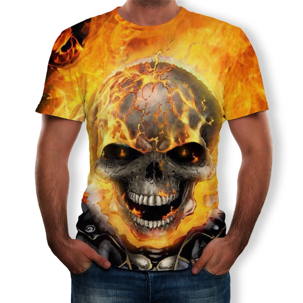 

New Skull Men's and Women's 3D Print Fire T-Shirt Short Sleeve Hip hop T-shirt Summer High Quality Men's Short Sleeve Halloween