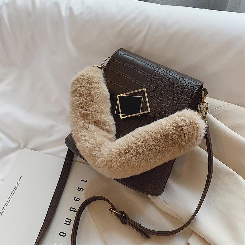 

Vintage Fashion Female Plush Tote bag 2019 New Quality Leather Women's Designer Handbag Crocodile pattern Shoulder Messenger Bag