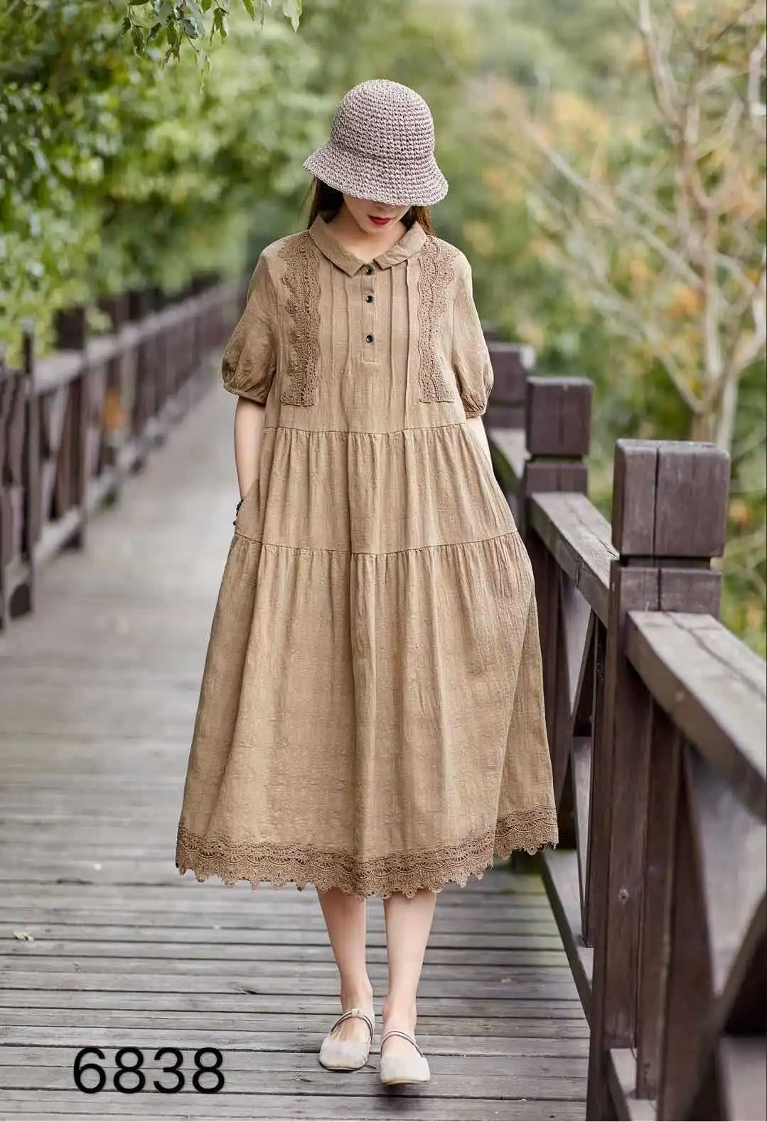 Autumn Mori Girl Loose Lace Patchwork Lantern Sleeve Cotton and Linen Short-sleeve Dress Women A-line Doll Dress Robe Tunic