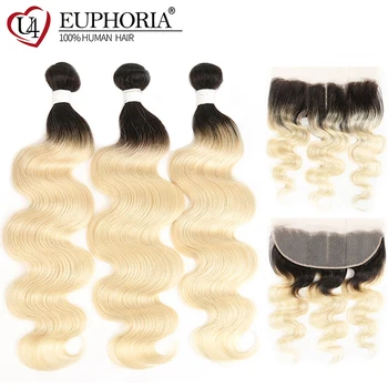 

Brazilian Body Wave 3 Bundles With Lace Frontal 13x4 Ombre Platinum Blonde 613 Remy Human Hair Bundles With Closure Euphoria