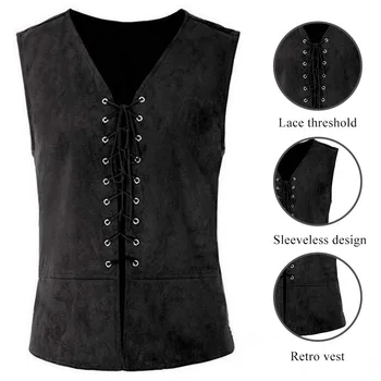 

Vintage Slim Vest Men Retro Belt Chalecos Para Hombre Medieval Punk Gilet Solid Stage Costume Soft Thin Gothic Colete Masculino