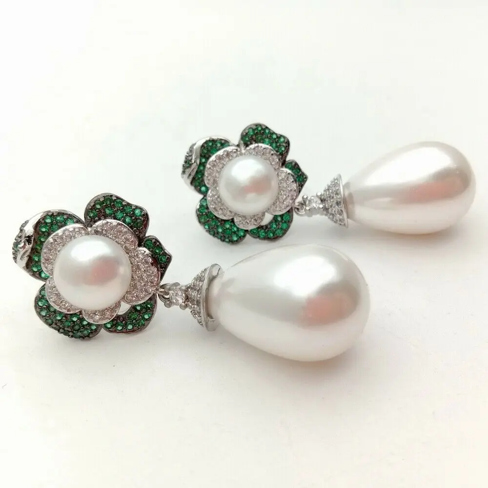 

White Teardrop Sea Shell Pearl Green Cz Pave Flower Stud Earrings