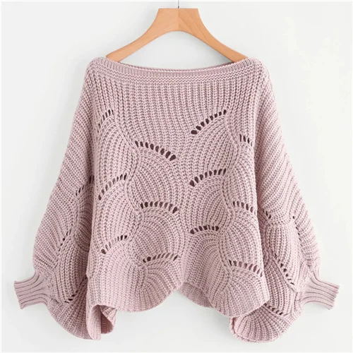Sheinside Розовый Повседневный полый свитер для женщин осенний свитер с рукавами «летучая мышь» женский топ с петельками - Цвет: Розовый