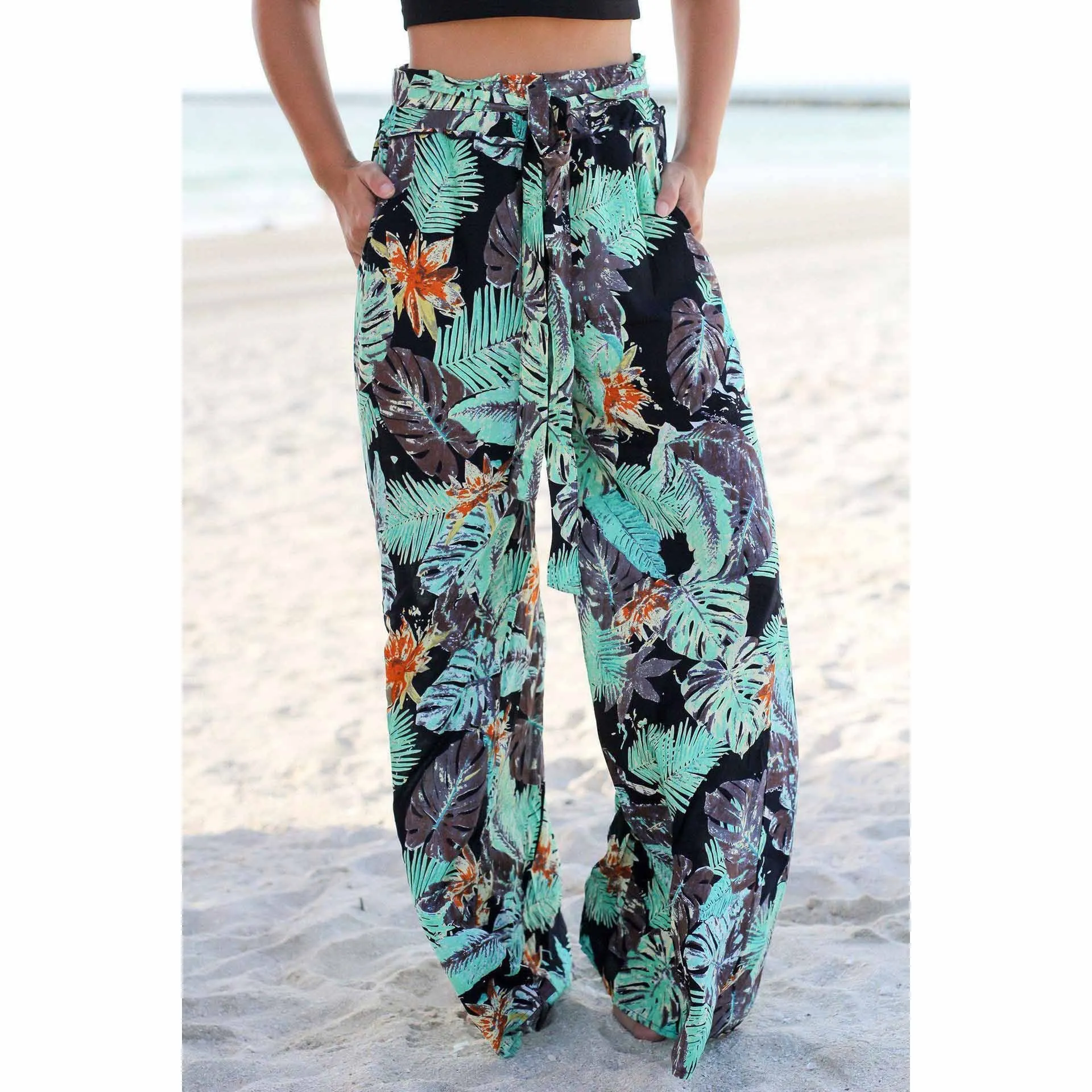 Модные красивые летние женские широкие брюки, Boho, свободные, на шнуровке, пляжные брюки, карман, высокая эластичная талия, штаны с принтом - Цвет: Зеленый