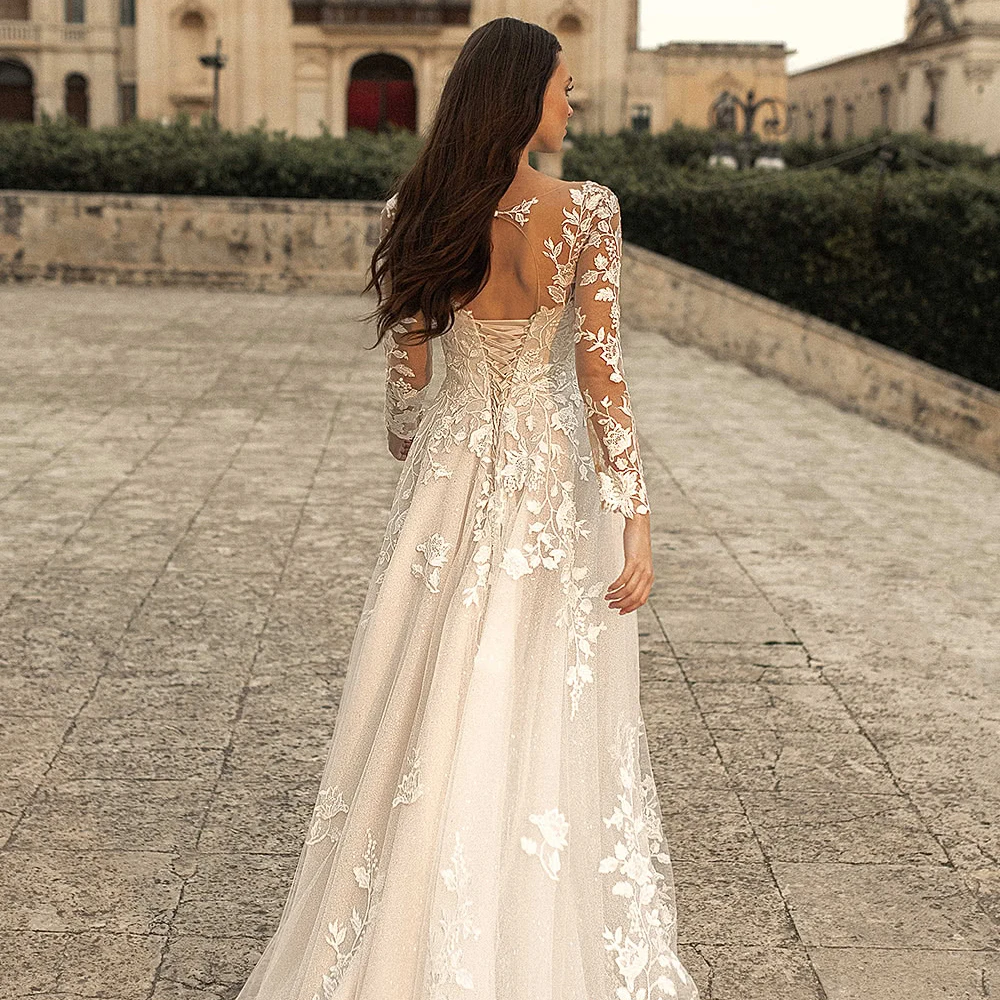 ADLN Charming Long Sleeves Wedding Gown Sheer Neck A-line Champagne Lace Bridal Dress New  Dresses Vestido de Novia 4