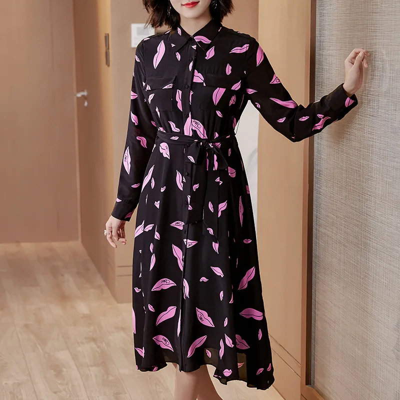 

Spring 2020 Real Silk Elegant Printing A-line Mid Dresses with Belt for Women Vestidos