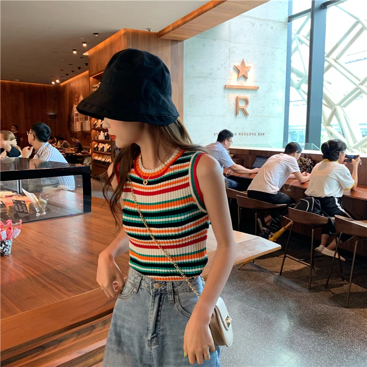 Rainbow Striped Small Halter Korean Harajuku Vest Women's Summer Slim Thin Outer Wear Wild Net Red Sleeveless Knit Top