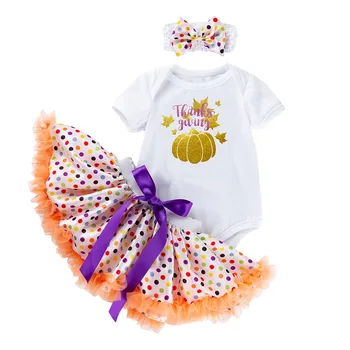 

3PCS Baby Rompers Winter Thanks Giving Day Romper Short Sleeve Letter Print Romper Tops Set+Tutu Dress+Hairband Outfits Y822