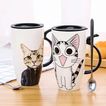 

600ml Creative Cat Ceramic Mug With Lid and Spoon Cartoon Milk Coffee Tea Cup Porcelain Mugs Nice Gifts Drop shipping