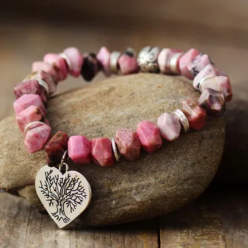 Gorgeous Women Heart Shape Charm Bracelets Luxury Rhodonite Stretch Elastic Strand Bangles Jewelry Bijoux Dropshipping