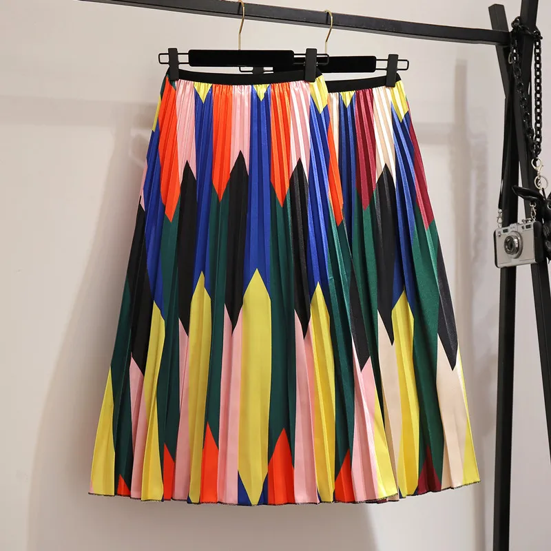 Модная контрастная разноцветная плиссированная юбка с высокой талией, летние женские юбки с эластичной резинкой на талии, трапециевидная юбка средней длины, длинная юбка до середины икры