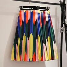 Модная контрастная разноцветная плиссированная юбка с высокой талией, летние женские юбки с эластичной резинкой на талии, трапециевидная юбка средней длины, длинная юбка до середины икры