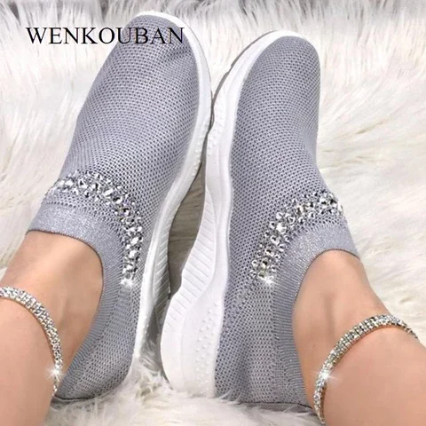 2021 Woman Vulcanize Shoes Sneakes White Casual Shoes Fashion Sneakers Ladies Slip-On Sock Shoes Summer Trainers Basket Femme