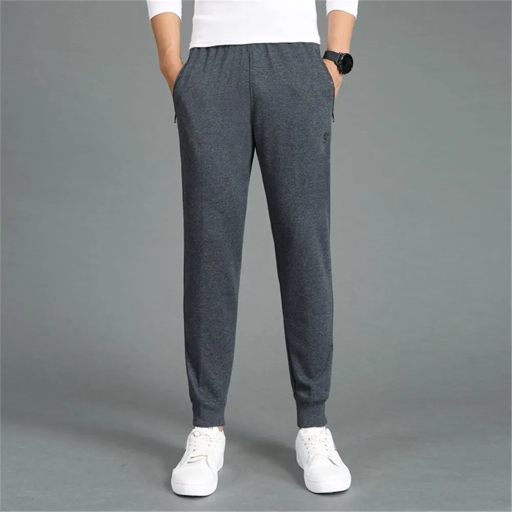 Dark Gray Мужские осенние зимние повседневные свободные прямые эластичные брюки модные хлопковые брюки удобные Однотонные эластичные брюки с поясом - Цвет: Dark Gray