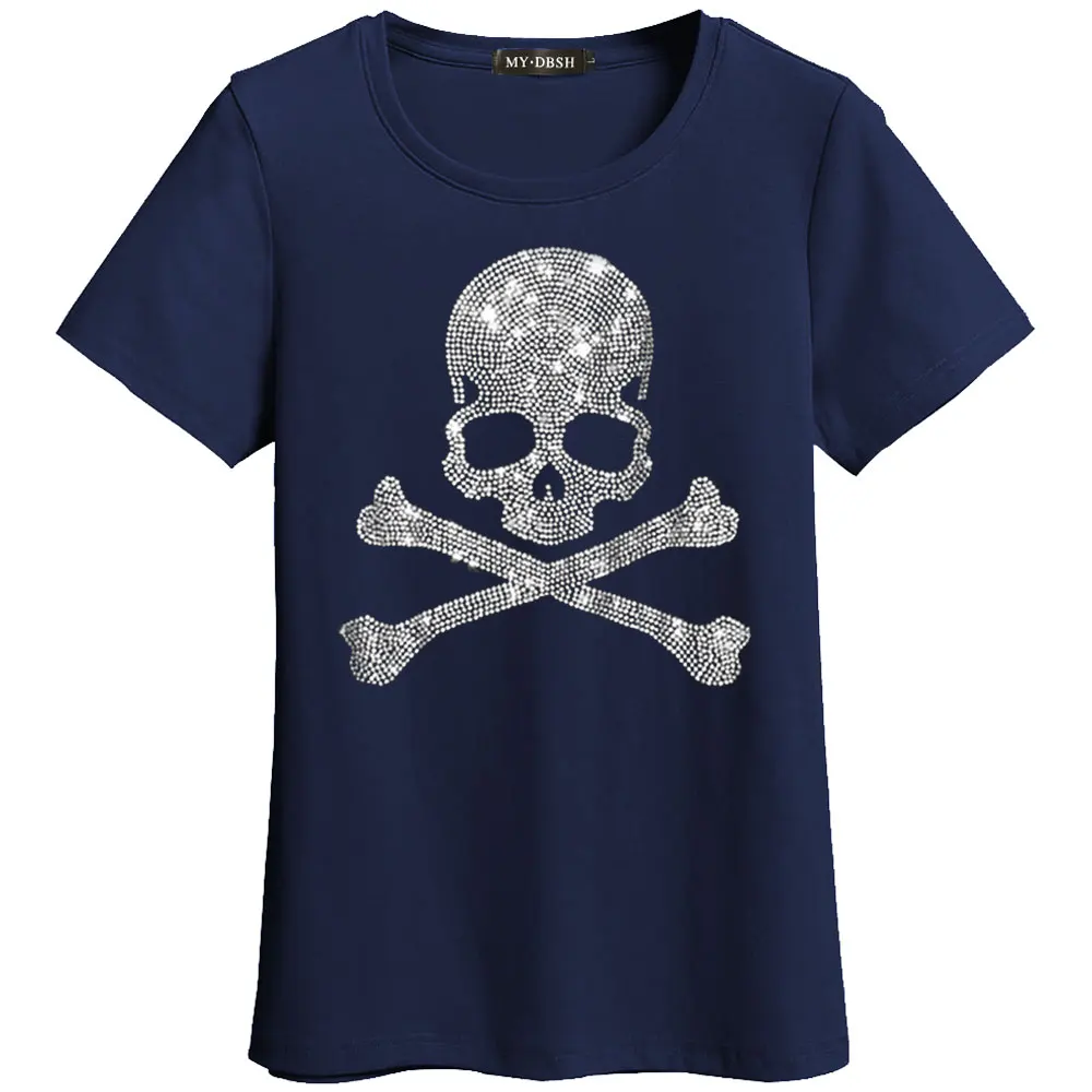 Модная футболка женская Blusa Мягкий хлопок футболки сверкающие алмазы с принтом «череп» Футболка harajuku короткий рукав женская одежда - Цвет: T011-O-Navy