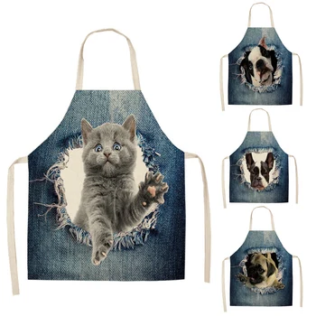 

High-Quality Cat Dog Pattern Kitchen Aprons Cotton Linen Unisex Dinner Party Cooking Bibs Funny Pinafore Cleaning Tools