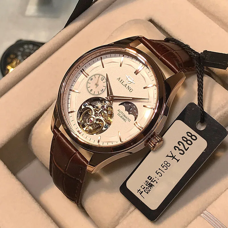 

AILANG New Men Moon Phase Display Perspective Hollow Fully Automatic Mechanical Watch Wrist Pointer Tourbillon Waterproof 8607C
