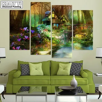 

flowers forest trees house,4pcs/set,Needlework Diy Diamond Embroidery Diamond Painting Cross Stitch Full Square Diamond Mosaic