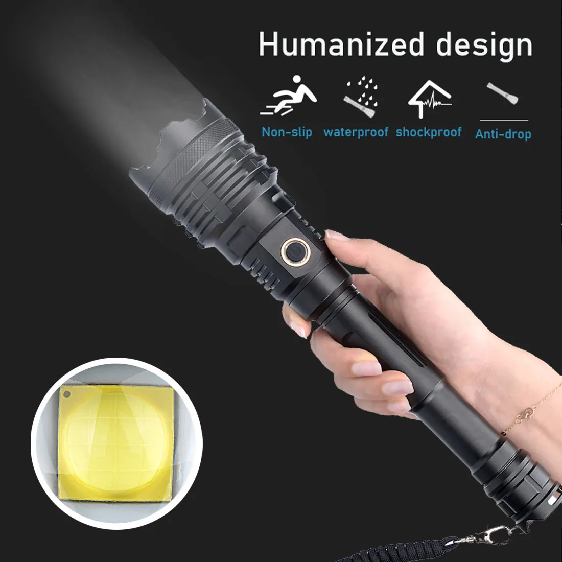 XHP160 LED Black Flashlight USB Rechargeable Zoomable Lamp Hunting Torch 21700 