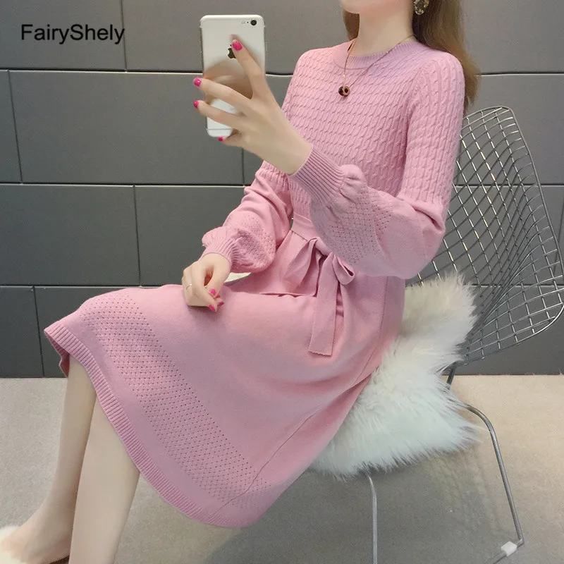 Fairyshely, женское платье-свитер, Осень-зима, с длинным рукавом, теплое платье, элегантное, трапециевидный пояс, вязаный пуловер, платья для женщин