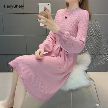 

Fairyshely 2019 Sweater Dress Women Autumn Winter Long Sleeve Warm Dress Elegant A Line Belt Knitted Pullover Dresses Pull Femme