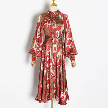 

2020 DEAT fashion stand collar lantern sleeves printed Snake single breasted shirt dress female waist belt vestido WL34803L