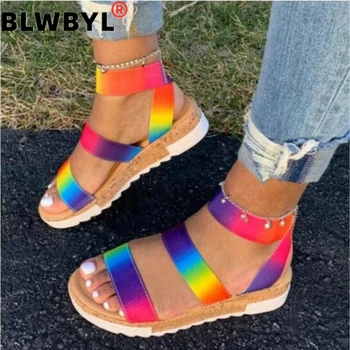 

Women Summer Ankle Strap Sandals Rainbow Color Platform Wedges Heel Peep Toe Fashion Casual Beach Ladies Shoes Zapatos De Mujer
