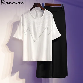 

Plus Size L-4XL Summer Women Pant Suit Sequin Blouse Top Wide Leg Pants Two Piece Elegant Office Lady Outfits Matching Set Cloth