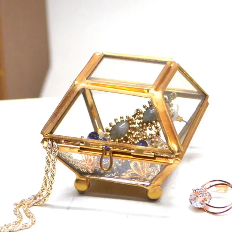 

Geometrical Clear Glass Jewelry Box Plant Terrarium Display with Lid Jewerly Storage Box