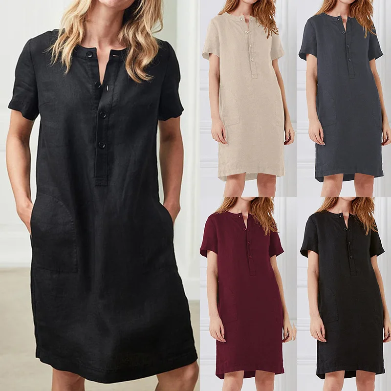 

2020 Spring Summer Vintage Straight dressWomen Short Sleeve Pocket Dress Button Solid Plus Size 5XL Dresses