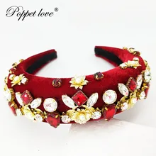 Губчатая Толстая бархатная повязка на голову для женщин, полный светильник, аксессуары для волос с кристаллами, лента, осенняя широкая имитация жемчуга, головной убор