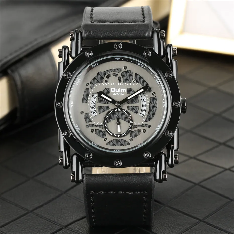 

Oulm Calendar Display Quartz Men Watches Creative Black/Silver/Rose Gold Steel Design Men's Leather Watch High Quality Big Dial