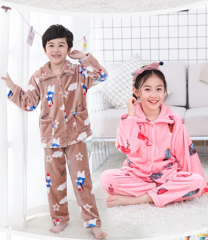 cheap pajama sets	 New Kids Boys Girls Autumn Winter Keep Warm Flannel Pajama Sets Cartoon Long Sleeve Lapel Tops with Pants Sleeping Clothing Sets best pajama set	