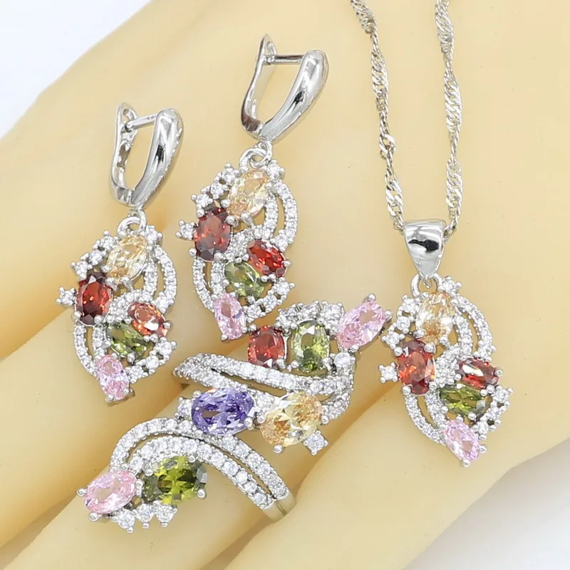 Классические 925 серебряные ювелирные наборы для женщин, разноцветные циркониевые ожерелья, серьги, кольца, браслеты, свадебный подарок