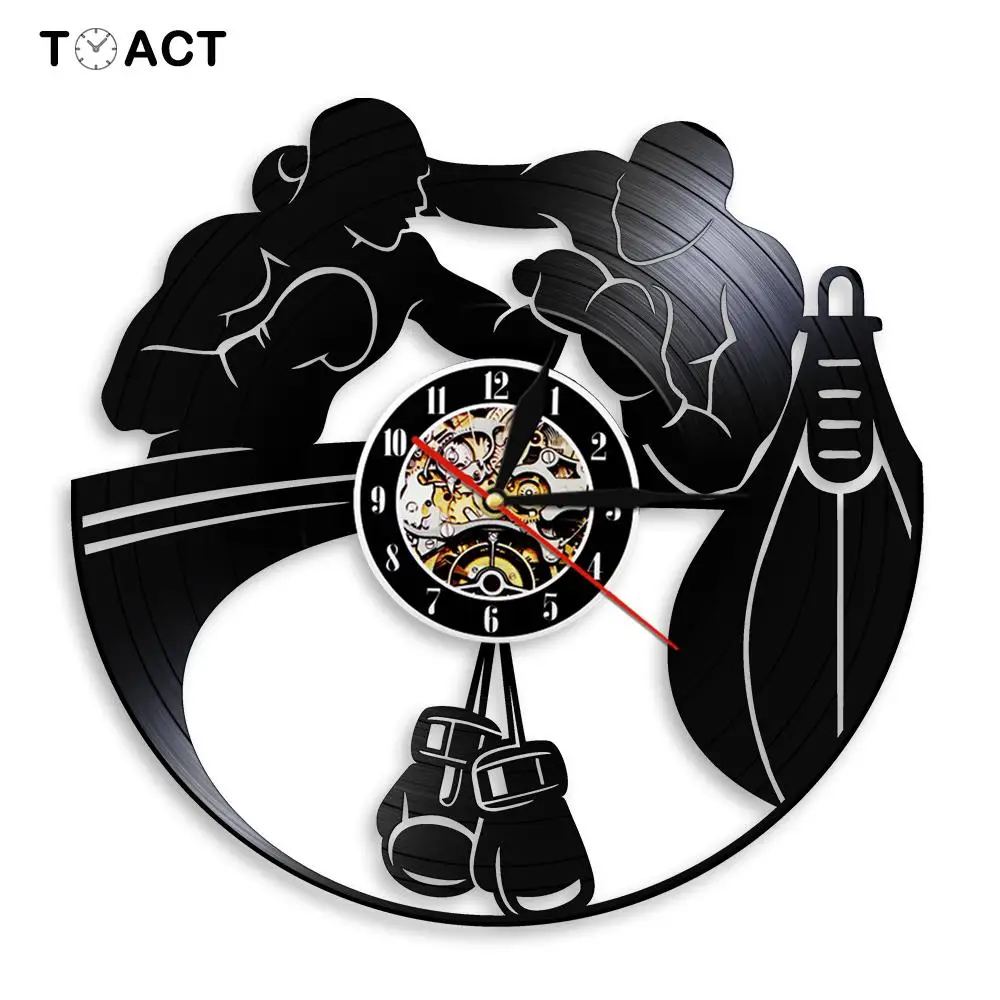 Boxing Vinyl Record Wall Clock Home Decor Gloves Punching Bag Infighters LED Fighting Sports Boxers Scrappers | Дом и сад