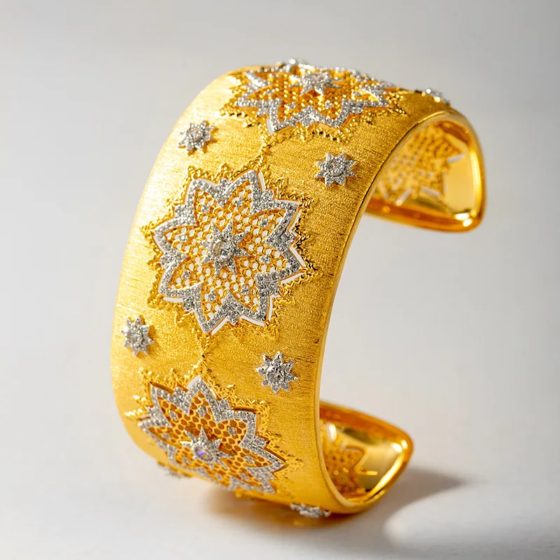 

CMajor Sterling Silver Jewelry Gold Color Fashion Flower Bracelets 38mm Width Two Tone Bangle For Women