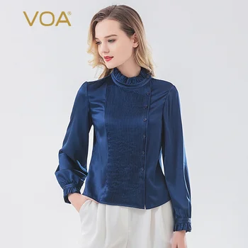 

VOA Deep Sea Blue Satin Silk Frilled Stand Collar Petal Long Sleeve Style Pleats Single Row Button Wrap-Shirt B9371