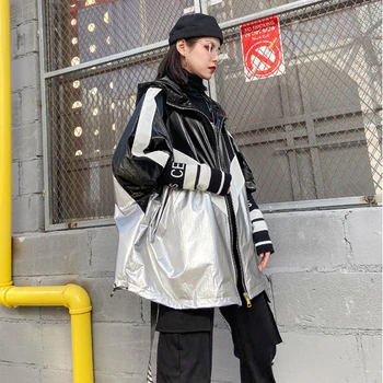 

Oversize Hooded Bat Sleeve loose Jacket Women coat New bright Zipper Coat Up Punk Raincoat Outerwear Hip Hop Baseball Coat FY88