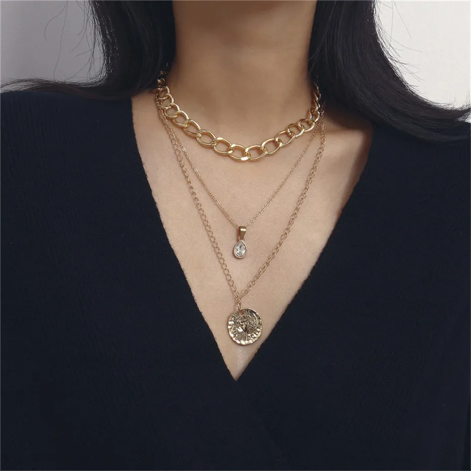 Высокое качество, винтажное ожерелье-чокер с кристаллами, многослойное большое массивное толстое ожерелье-цепочка для женщин, ювелирные изделия для свитера