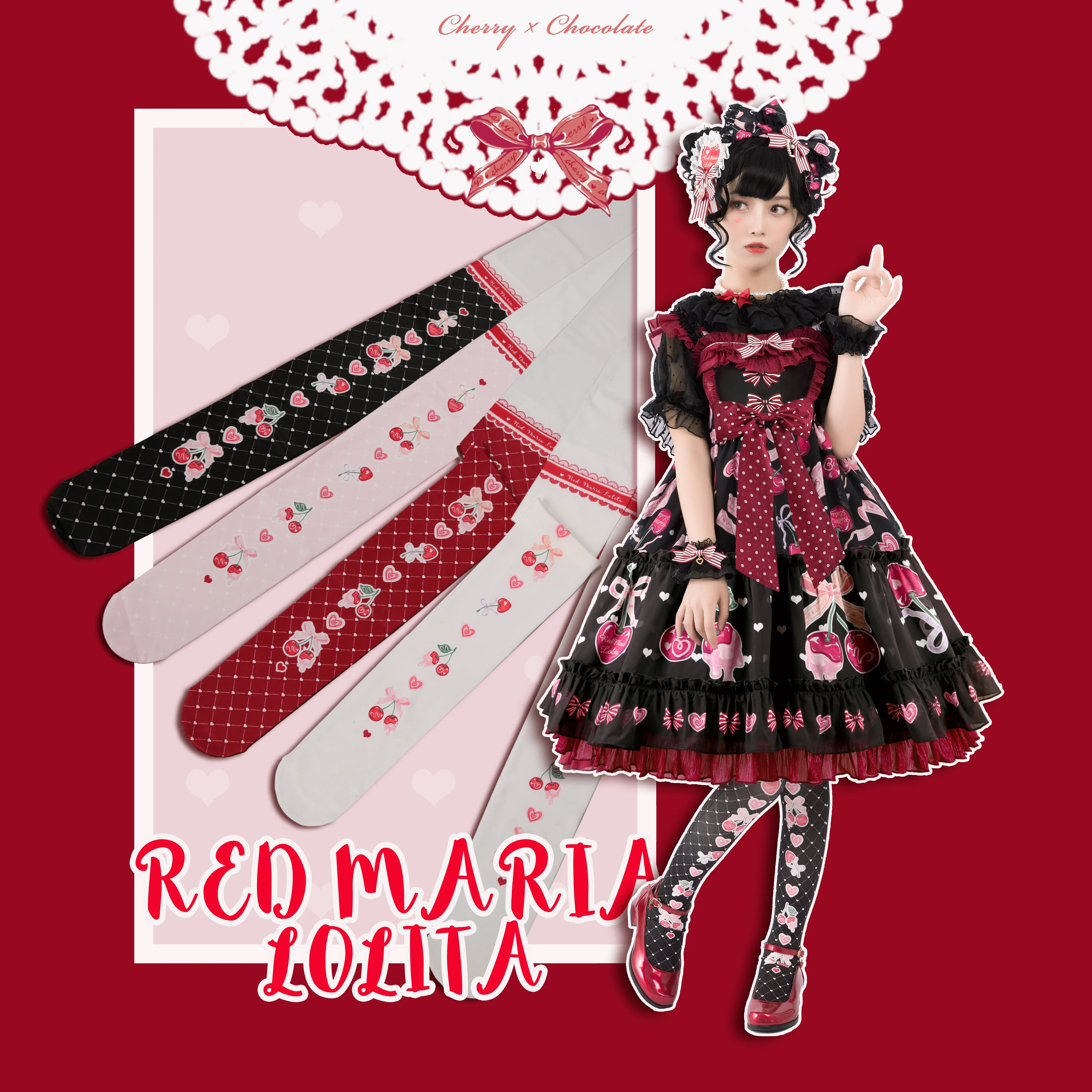 

Cherry Chocolate Pattern Printed Sweet Lolita Thin Leggings Mori Girl Daily Pantynose Stockings Tights Socks Cosplay Accessories