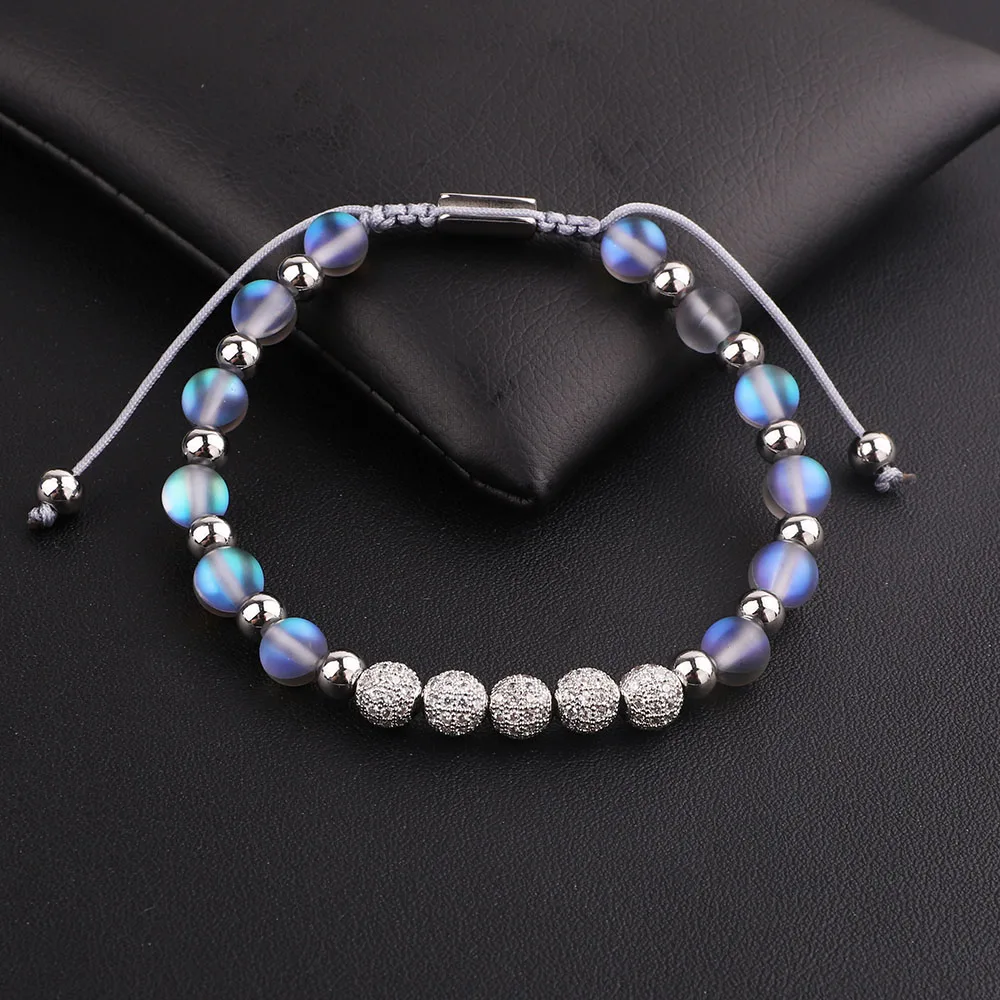 JARAVVI New Design Luxury CZ Pave Ball AB Grey Color Flash Glass Moonstone Stainless Steel Beads Macrame Bracelet Women - Image 3
