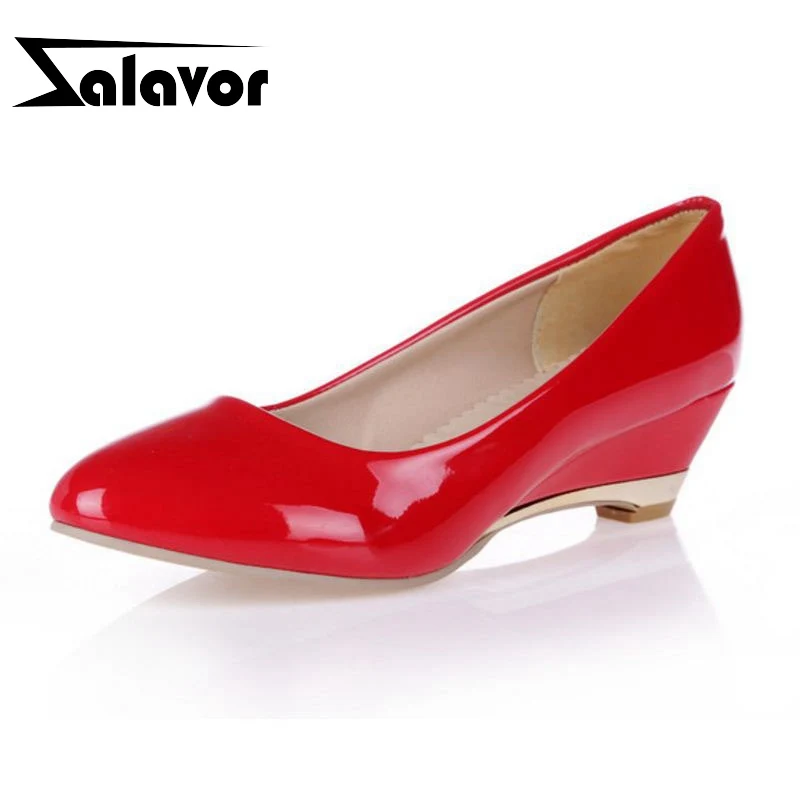 

ZALAVOR 4 Colors Size 28-52 Sexy Office Lady Wedding Wedges Shoes Women Patent Leather Solid Color Wedges Pumps Party Shoes