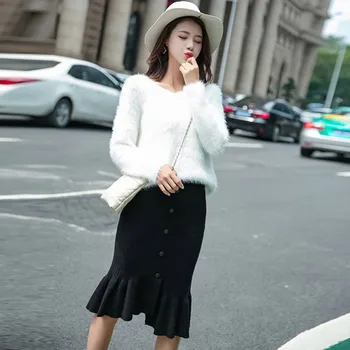 

2019 Autumn Knit Skirt Women Section Long High Waist Solid Color Irregular Fishtail Wool Skirt Hip Skirt Button Tight Skirts