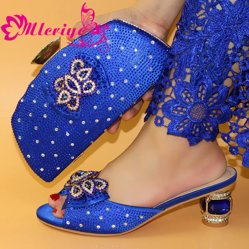 

2020 African Special Design Ladies Shoes and Bag Sets BLUE Color Italian Shoes with Matching Bags LOW Heels Women Shoes
