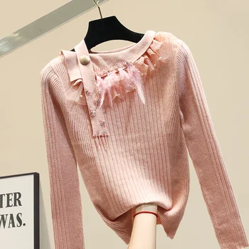 

Knitted Sweater Irregular Neck Feather Decorative Sweater Womens Knitted Pullover Outside Fall Winter Ladies Slim Knitting Shirt