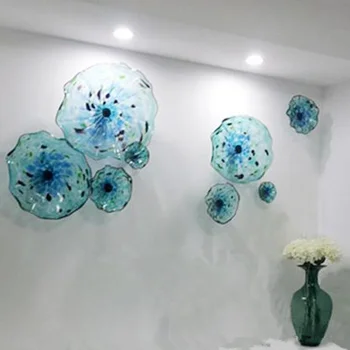 

Contemporary Style Murano Flower Glass Plates Wall Arts Blue Color 100% Hand Blown Glass Hanging Plates Scallop Edges Shape