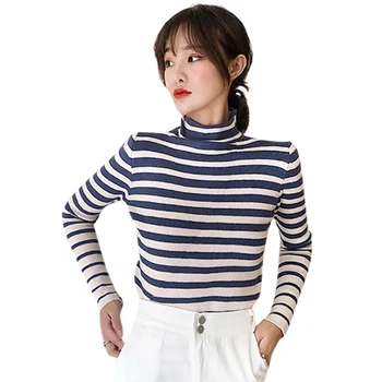 

2019 New Casual Stripe Pattern Knitted Pullover Autumn Winter New Turtleneck Long-sleeved Sweater